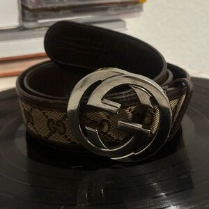 Gucci Brown Monogram GG Canvas Belt with Silver Double G Buckle